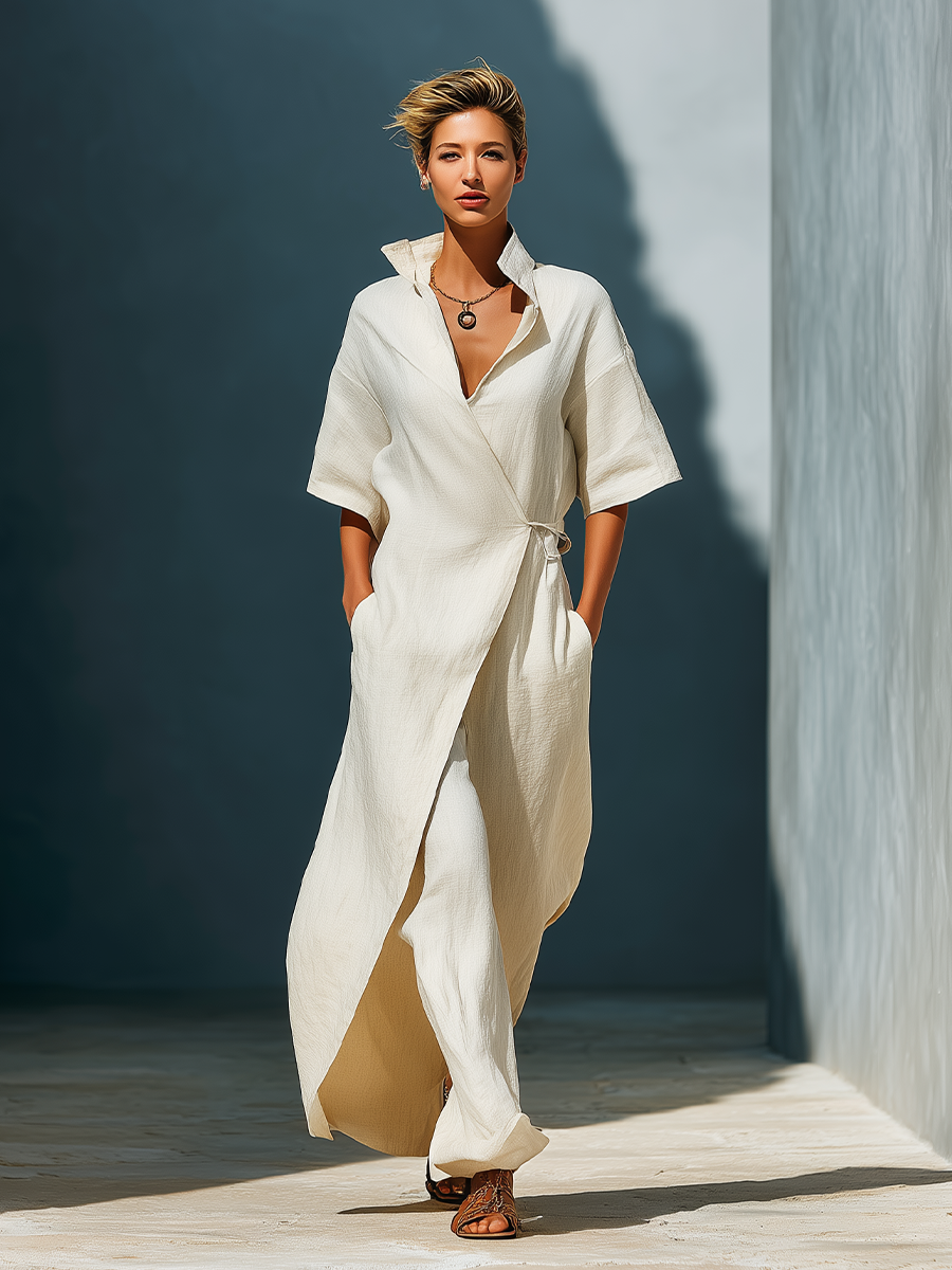 Women’s Off-White Linen-Blend Collared Wrap Front Tie-Waist Maxi Shirt Dress MDZ1121D0T