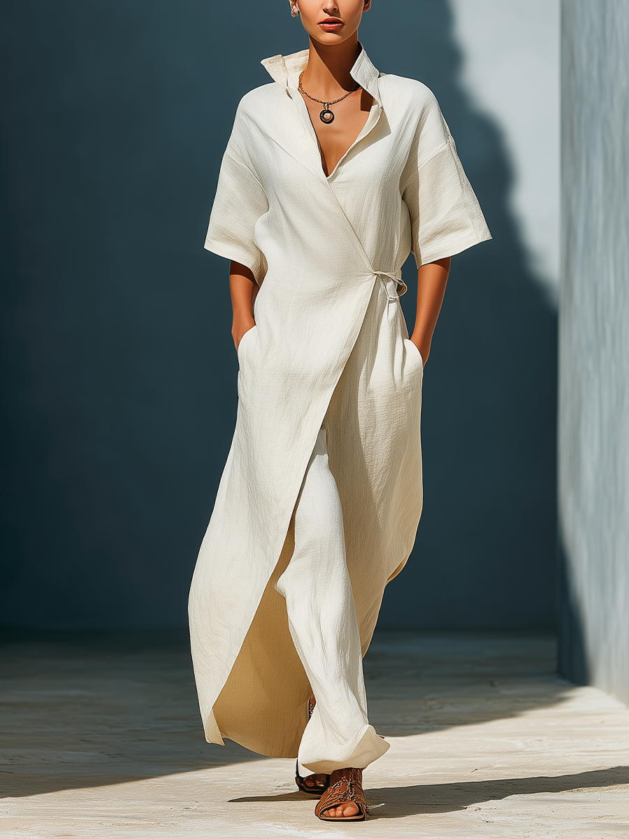 Women’s Off-White Linen-Blend Collared Wrap Front Tie-Waist Maxi Shirt Dress MDZ1121D0T