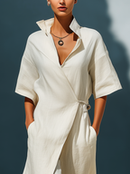 Women’s Off-White Linen-Blend Collared Wrap Front Tie-Waist Maxi Shirt Dress MDZ1121D0T