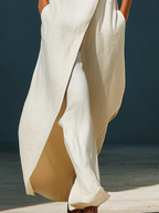 Women’s Off-White Linen-Blend Collared Wrap Front Tie-Waist Maxi Shirt Dress MDZ1121D0T