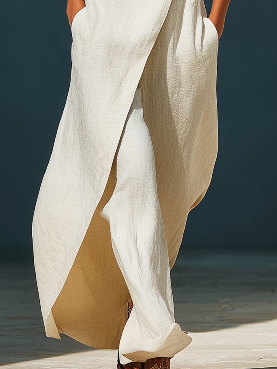 Women’s Off-White Linen-Blend Collared Wrap Front Tie-Waist Maxi Shirt Dress MDZ1121D0T