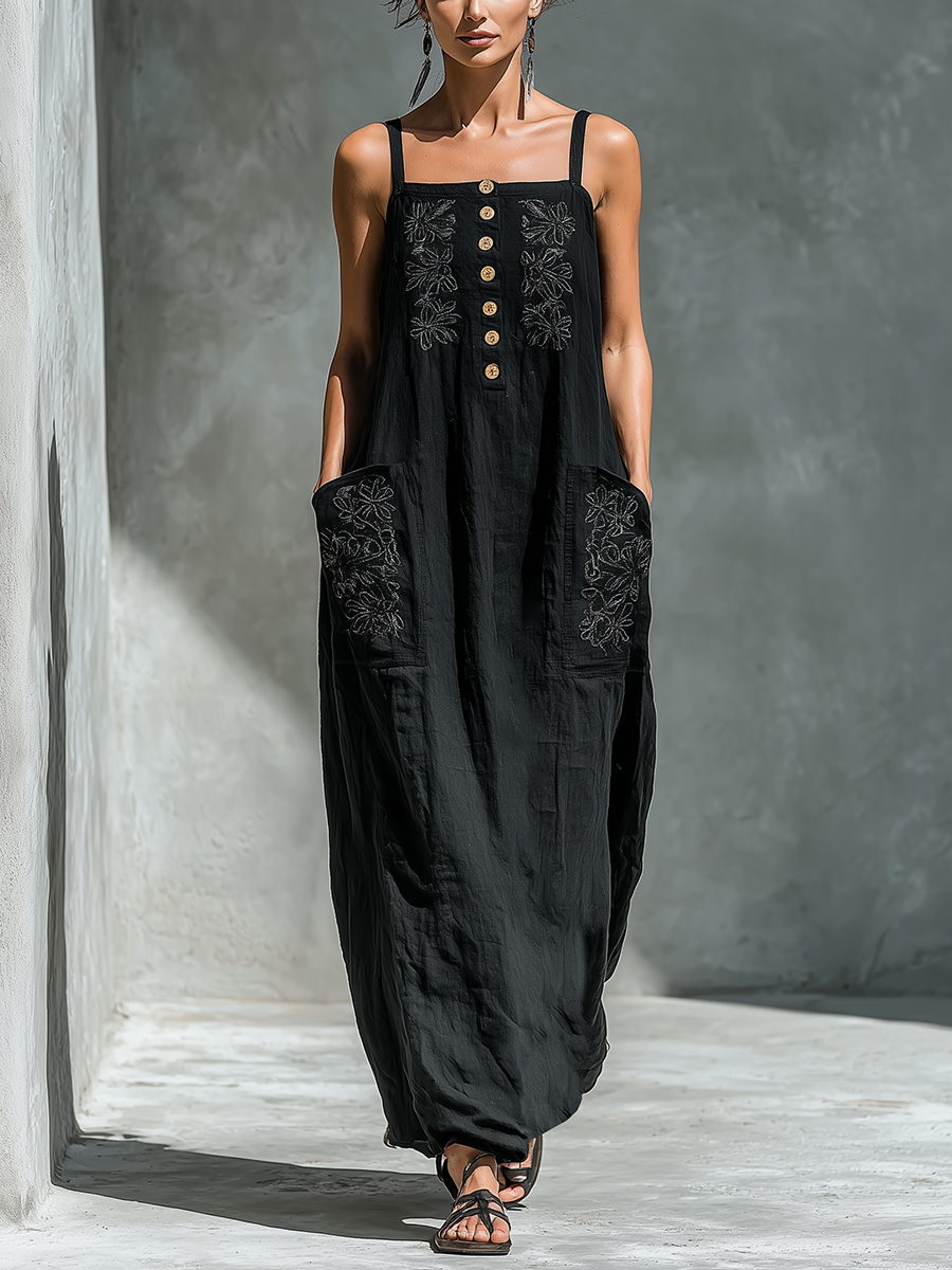 Women’s Black Linen-Blend Spaghetti Strap Floral Embroidered Button-Front Maxi Dress MDZ1180D8T