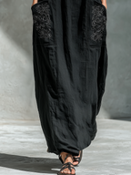 Women’s Black Linen-Blend Spaghetti Strap Floral Embroidered Button-Front Maxi Dress MDZ1180D8T