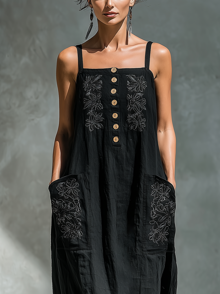 Women’s Black Linen-Blend Spaghetti Strap Floral Embroidered Button-Front Maxi Dress MDZ1180D8T