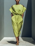 Lime Green Linen Cold-Shoulder Midi Dress