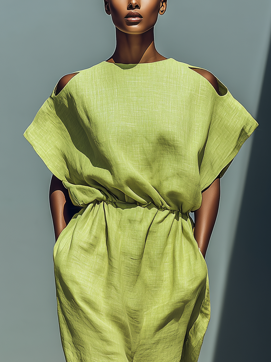 Lime Green Linen Cold-Shoulder Midi Dress