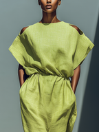 Lime Green Linen Cold-Shoulder Midi Dress