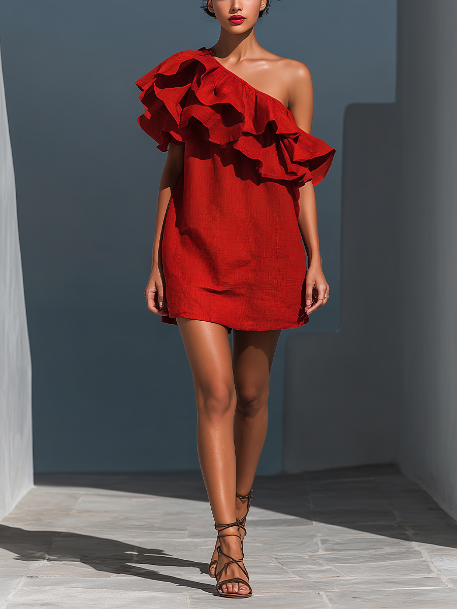 Red Linen One-Shoulder Tiered Ruffle Mini Dress