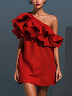 Red Linen One-Shoulder Tiered Ruffle Mini Dress