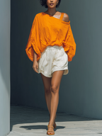Orange Batwing Cold-Shoulder Top & Ruffle Shorts Set