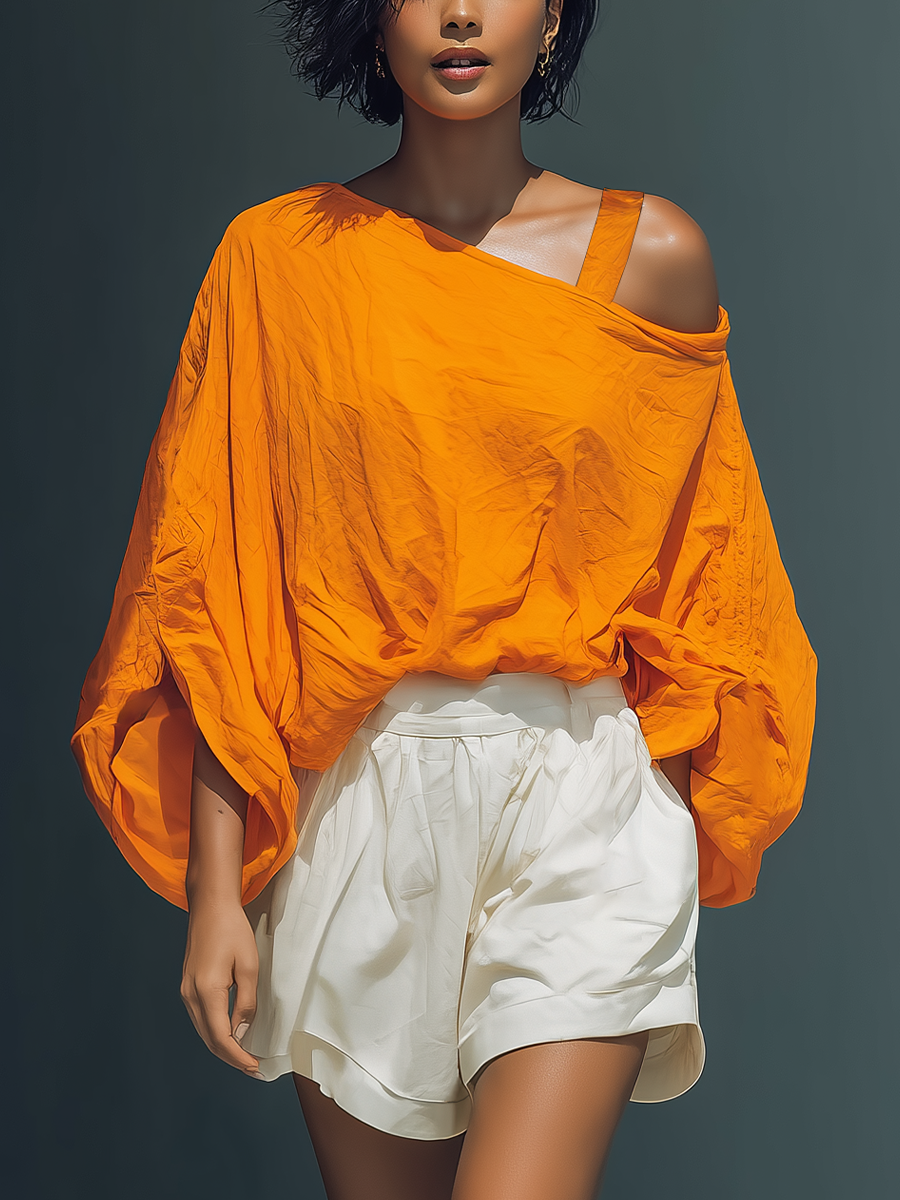 Orange Batwing Cold-Shoulder Top & Ruffle Shorts Set