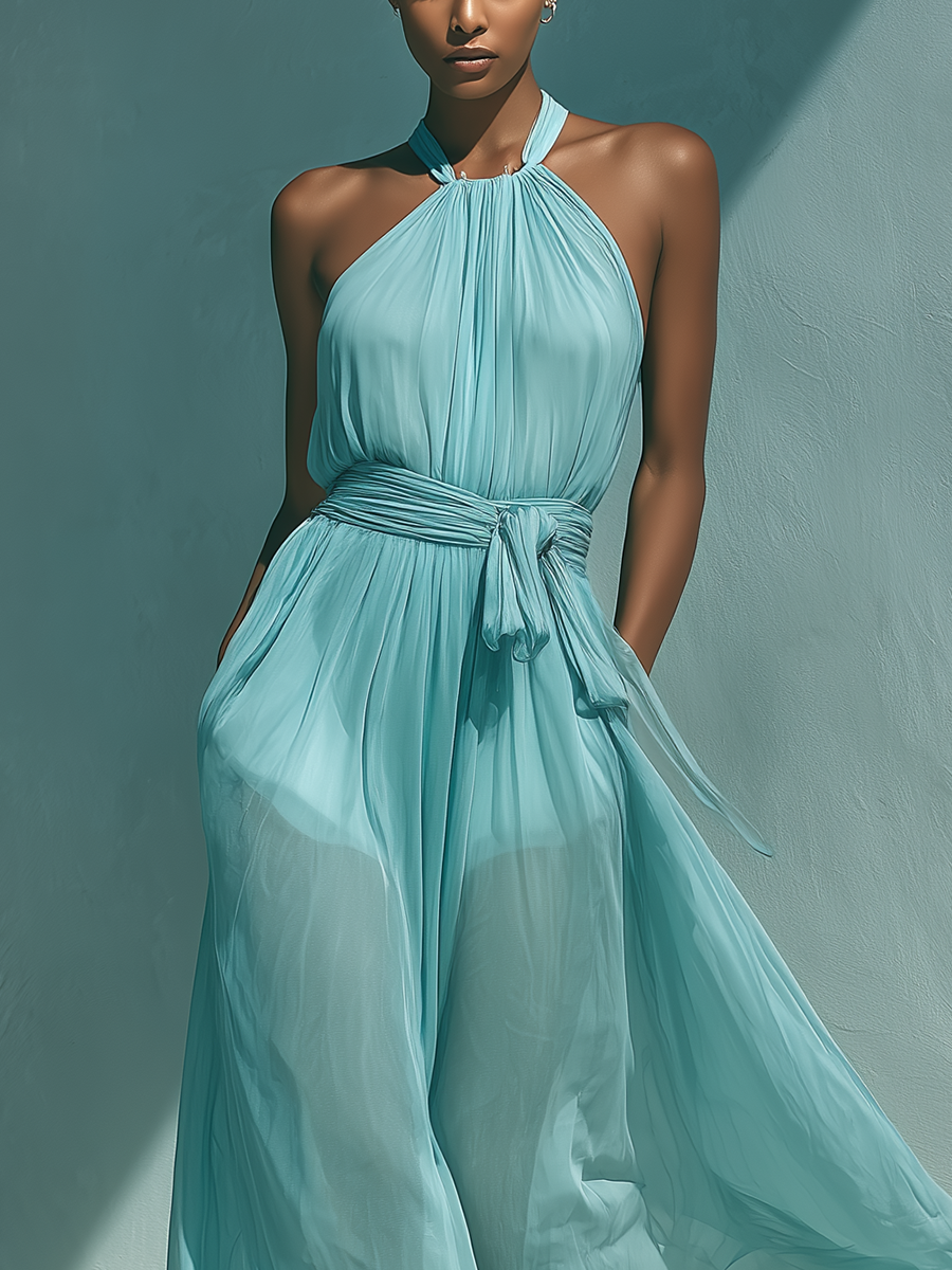 Women’s Turquoise Chiffon Halter Neck Tie-Waist Pleated Flowy Maxi Dress MDZ1133D8T