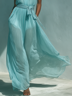 Women’s Turquoise Chiffon Halter Neck Tie-Waist Pleated Flowy Maxi Dress MDZ1133D8T