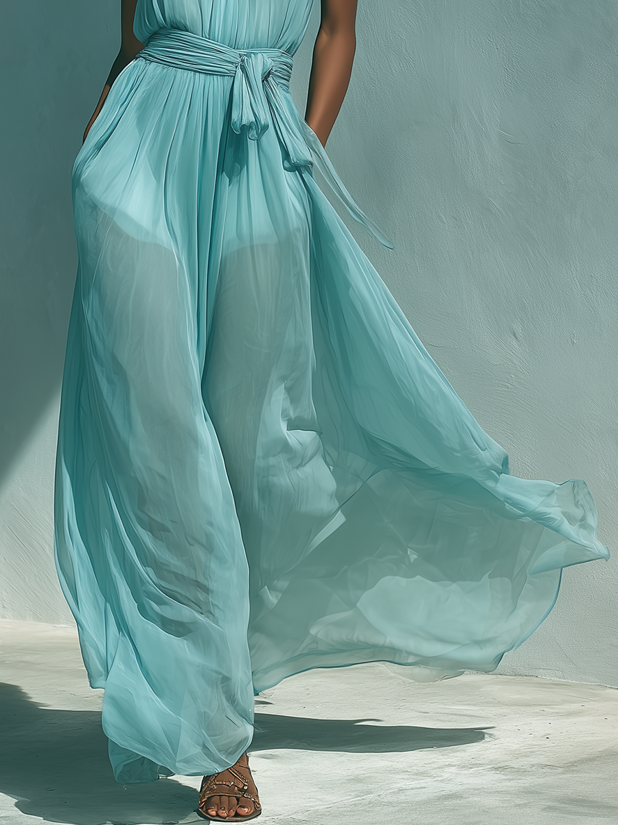 Women’s Turquoise Chiffon Halter Neck Tie-Waist Pleated Flowy Maxi Dress MDZ1133D8T