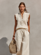 Beige Cotton Linen Round-Neck Sleeveless Top & Trousers