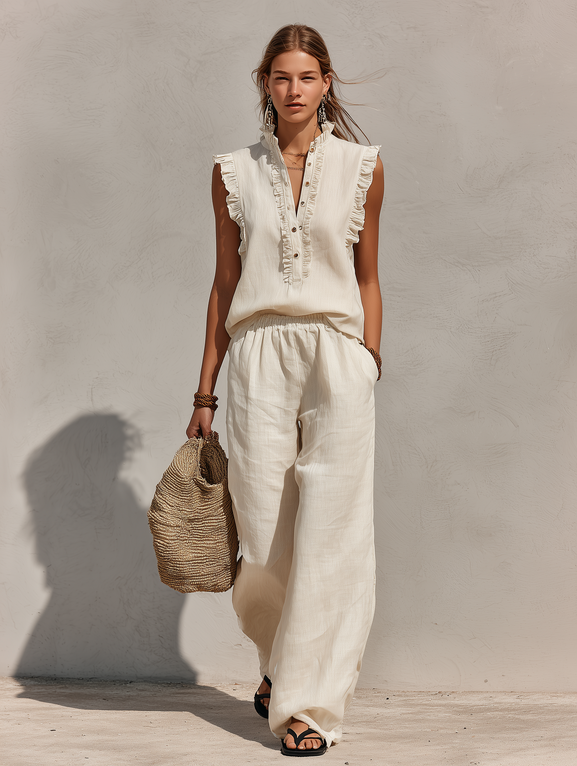 Beige Cotton Linen Round-Neck Sleeveless Top & Trousers