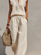 Beige Cotton Linen Round-Neck Sleeveless Top & Trousers