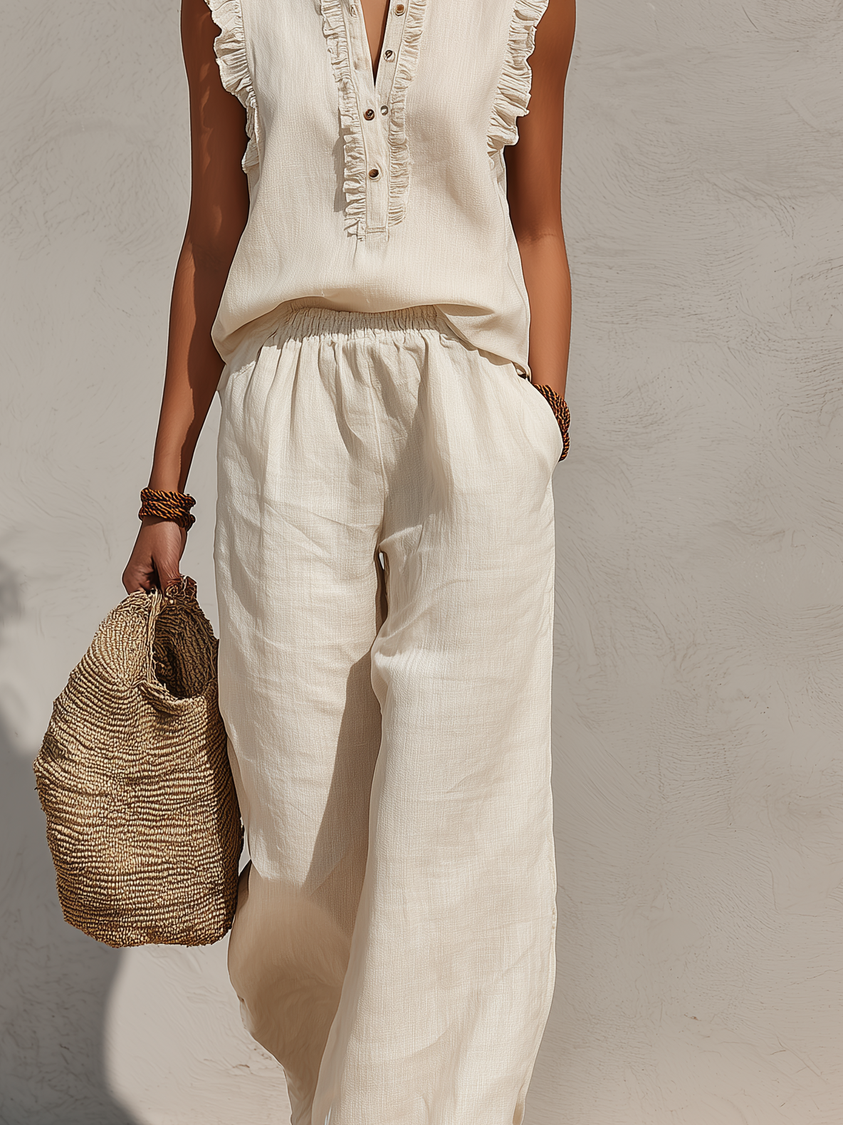Beige Cotton Linen Round-Neck Sleeveless Top & Trousers