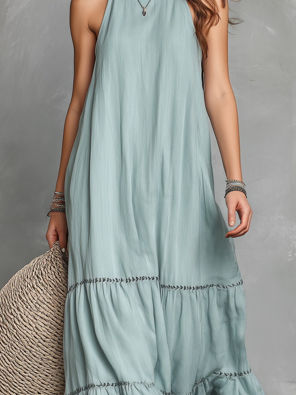 Women's Casual Cyan Cotton-Linen Maxi Dress — Embroidered, Round Neck, Sleeveless MDZ1153D0LXY