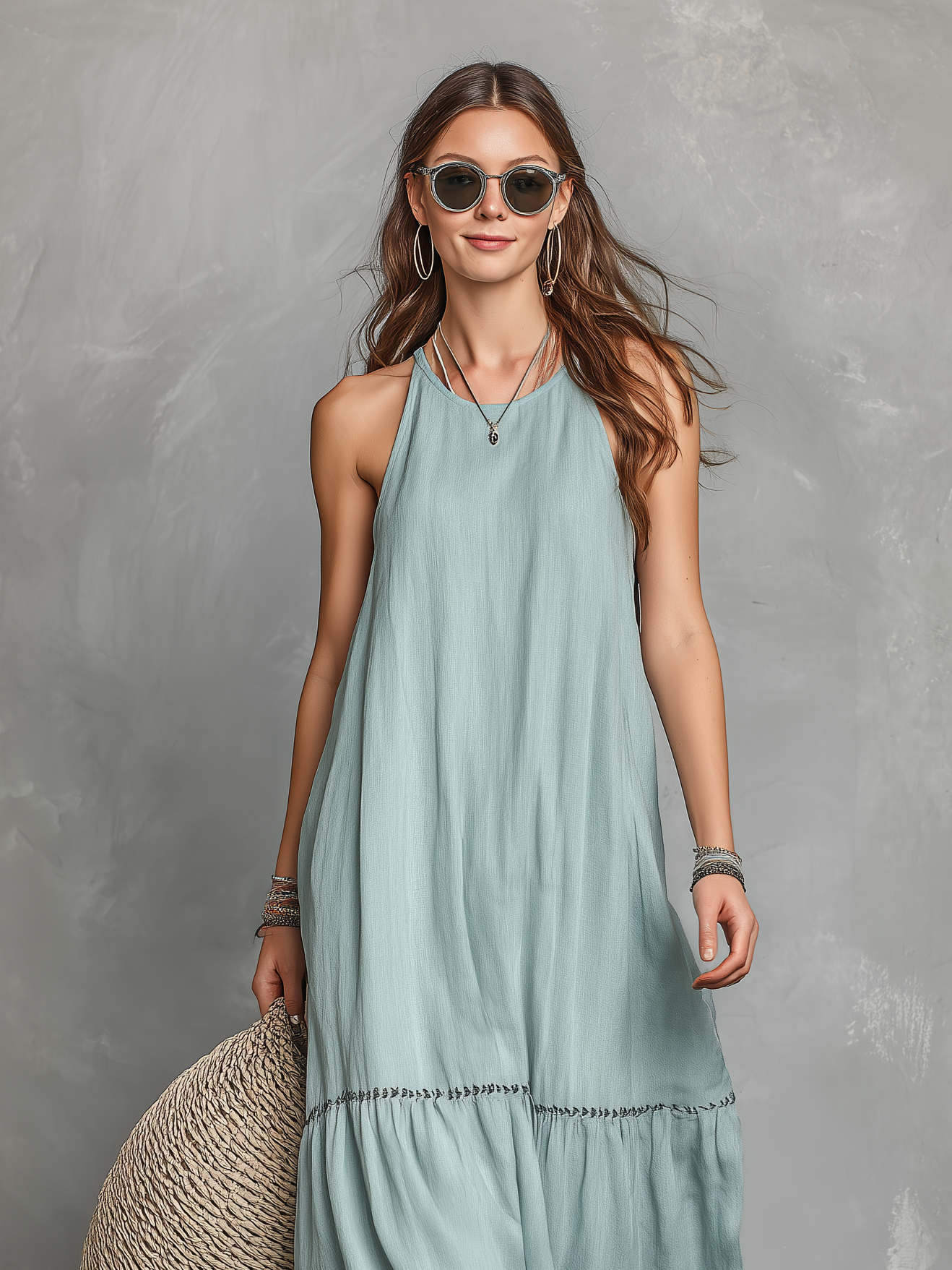 Women's Casual Cyan Cotton-Linen Maxi Dress — Embroidered, Round Neck, Sleeveless MDZ1153D0LXY