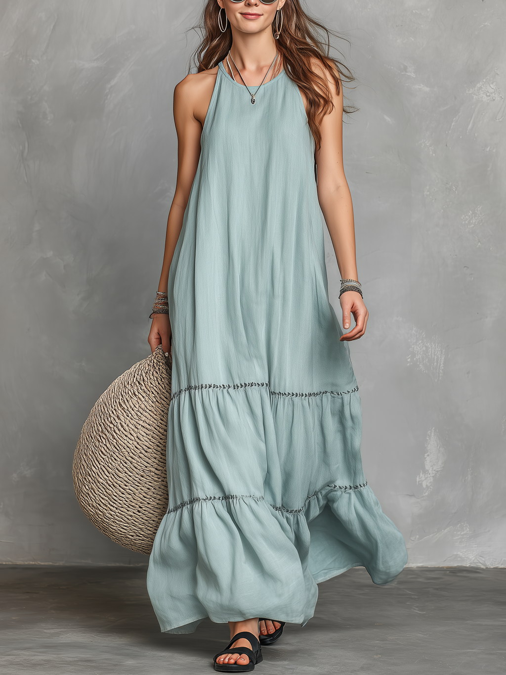 Women's Casual Cyan Cotton-Linen Maxi Dress — Embroidered, Round Neck, Sleeveless MDZ1153D0LXY