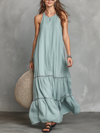 Women's Casual Cyan Cotton-Linen Maxi Dress — Embroidered, Round Neck, Sleeveless MDZ1153D0LXY