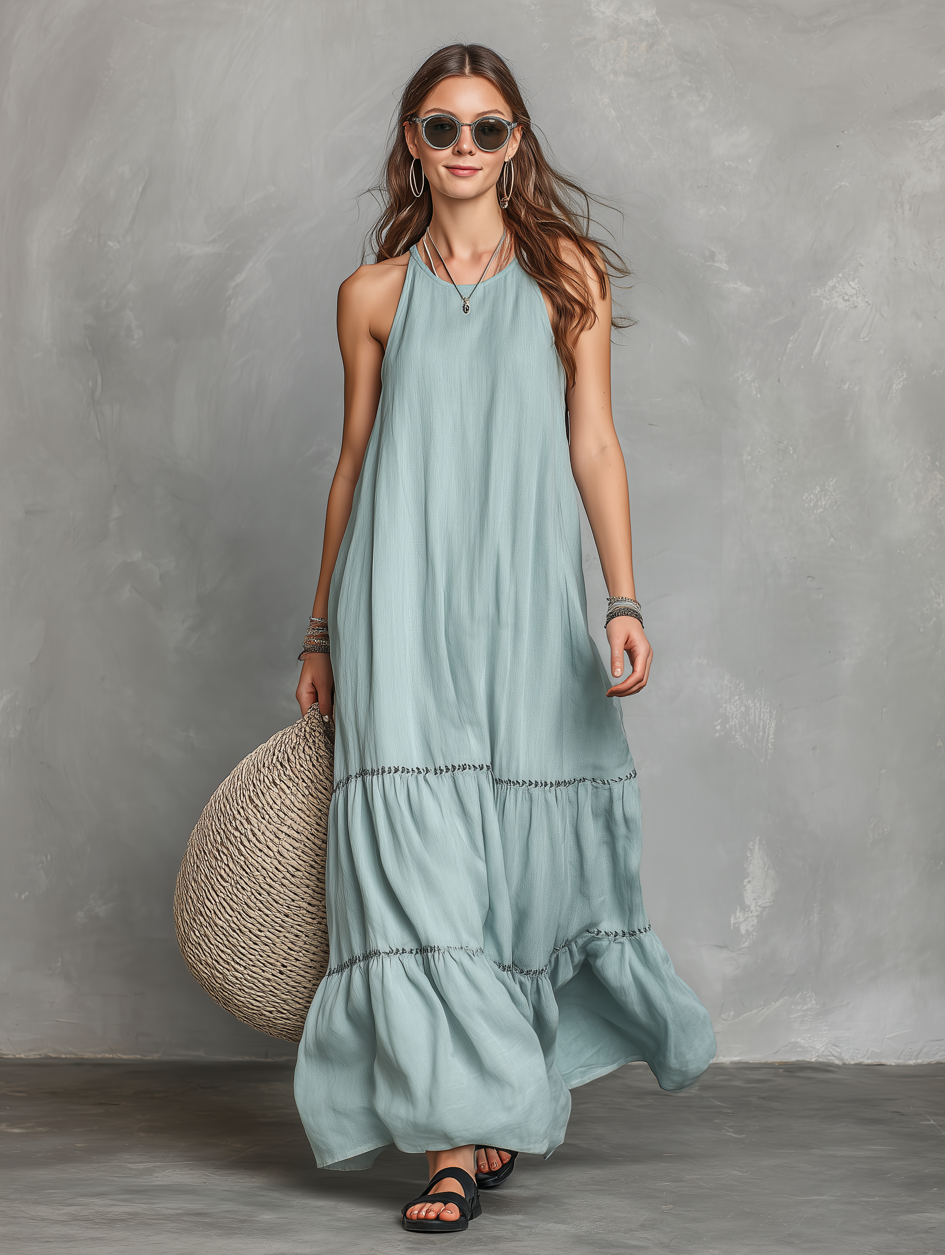 Women's Casual Cyan Cotton-Linen Maxi Dress — Embroidered, Round Neck, Sleeveless MDZ1153D0LXY