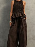 Dark Brown Shirred Crew Neck Sleeveless Top & Trousers