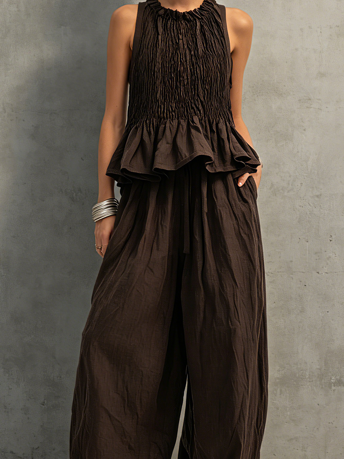 Dark Brown Shirred Crew Neck Sleeveless Top & Trousers
