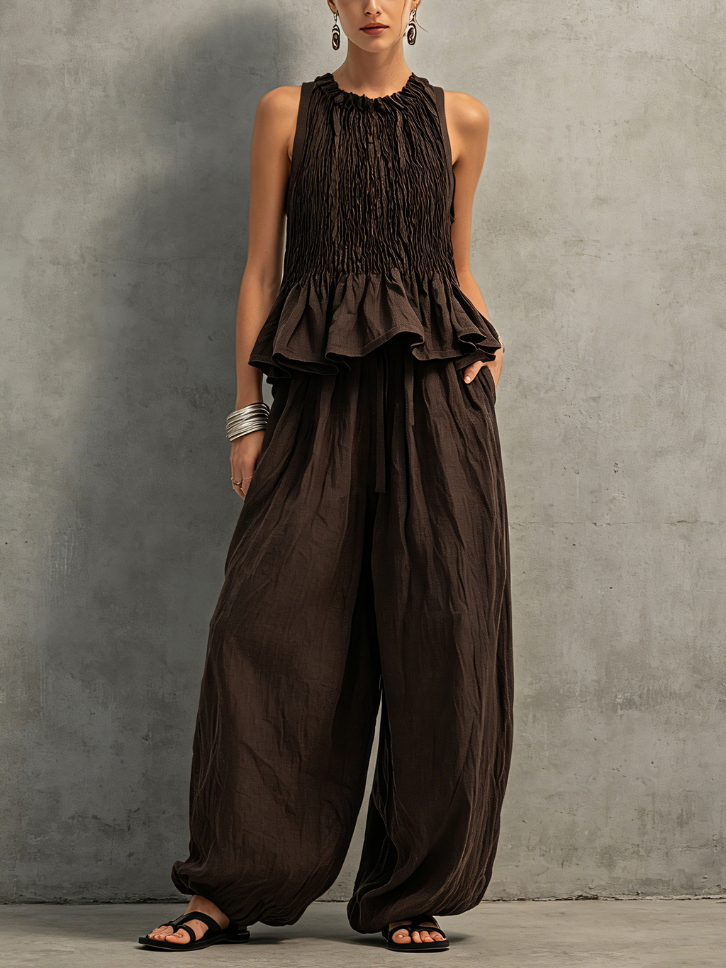 Dark Brown Shirred Crew Neck Sleeveless Top & Trousers