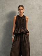 Dark Brown Shirred Crew Neck Sleeveless Top & Trousers