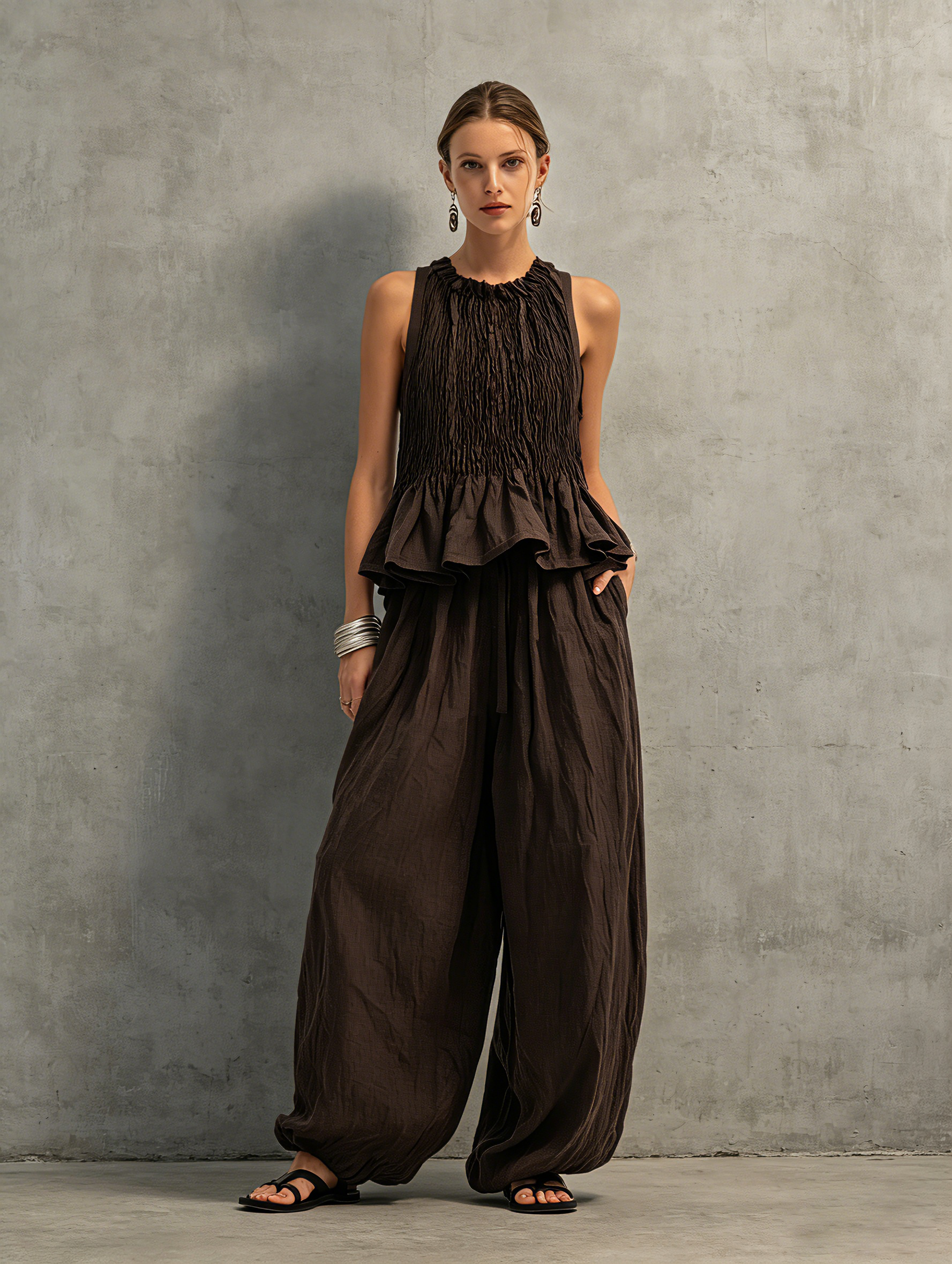 Dark Brown Shirred Crew Neck Sleeveless Top & Trousers