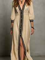 Women's Casual Khaki Cotton-Linen Maxi Dress — V-Neck, Mid-Length Sleeves, Elastic Waist MDZ1169D3LXY