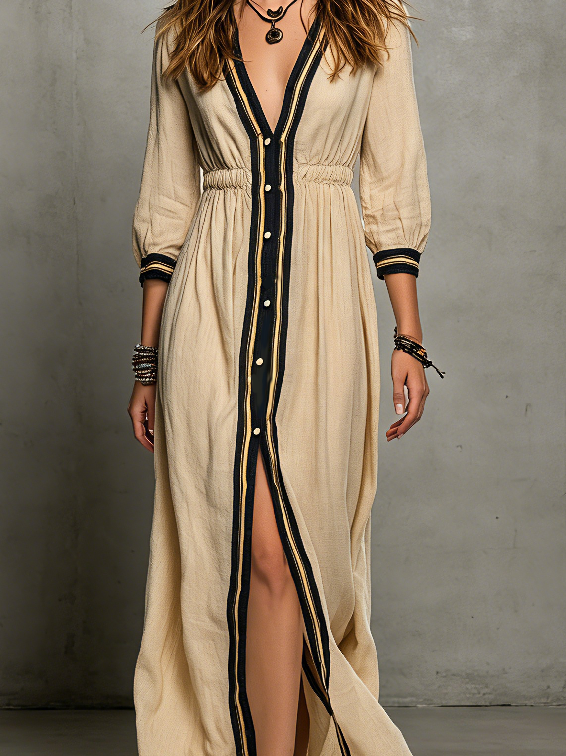 Women's Casual Khaki Cotton-Linen Maxi Dress — V-Neck, Mid-Length Sleeves, Elastic Waist MDZ1169D3LXY