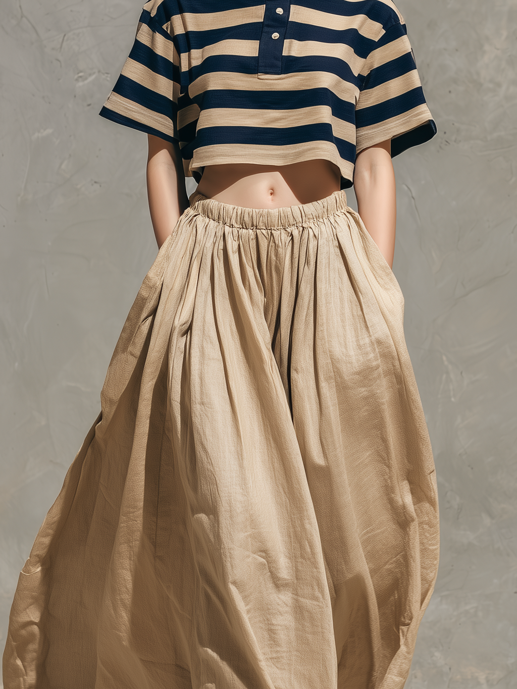 Women's Casual Short-Sleeve Woven Top In Dark Blue & Khaki Stripes (Shirt Collar), Paired With A Khaki Cotton-Linen Skirt MDZ1189D0LXY