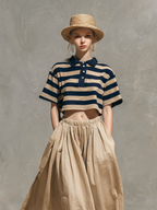 Women's Casual Short-Sleeve Woven Top In Dark Blue & Khaki Stripes (Shirt Collar), Paired With A Khaki Cotton-Linen Skirt MDZ1189D0LXY