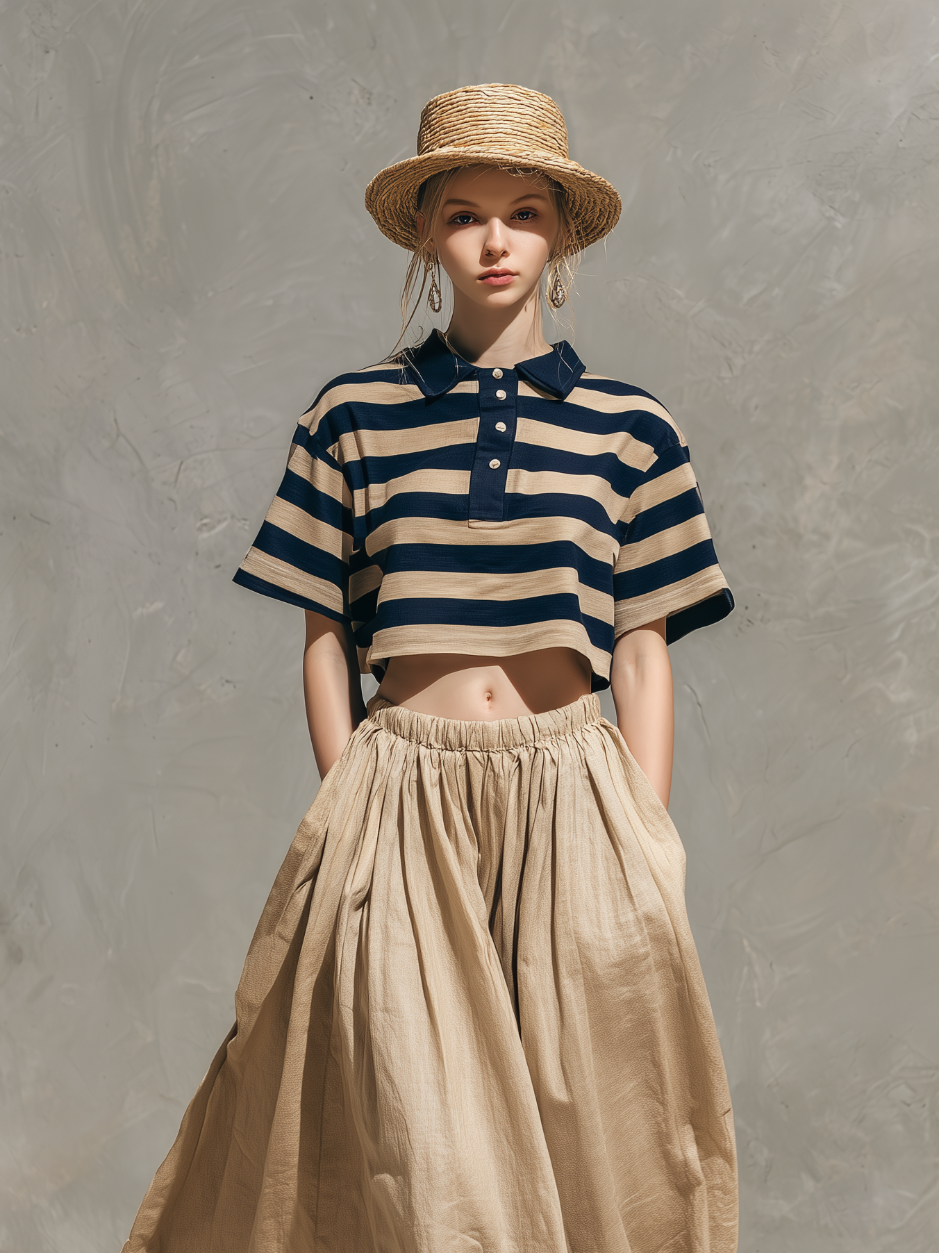 Women's Casual Short-Sleeve Woven Top In Dark Blue & Khaki Stripes (Shirt Collar), Paired With A Khaki Cotton-Linen Skirt MDZ1189D0LXY