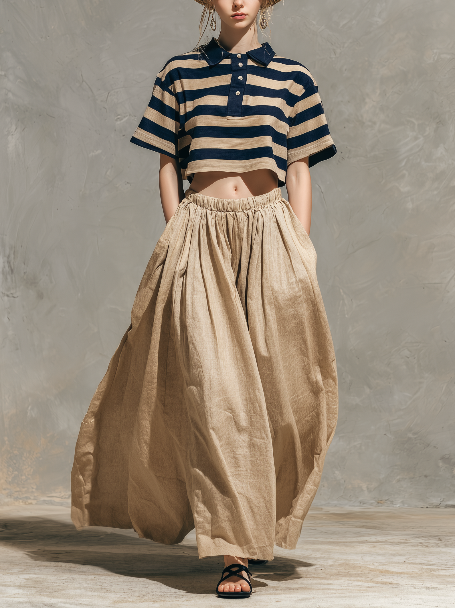 Women's Casual Short-Sleeve Woven Top In Dark Blue & Khaki Stripes (Shirt Collar), Paired With A Khaki Cotton-Linen Skirt MDZ1189D0LXY