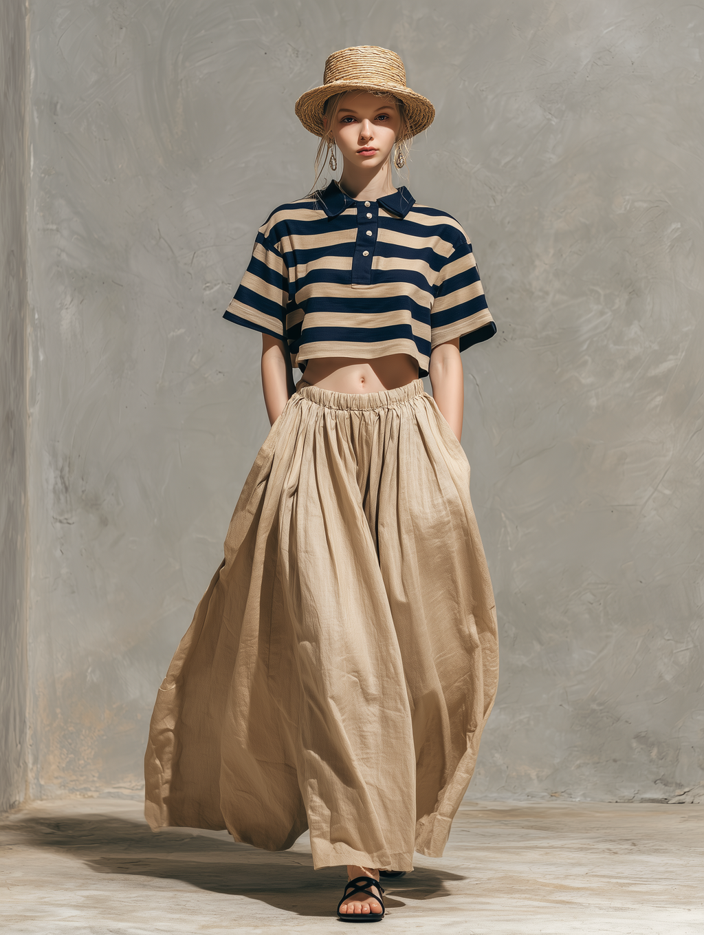 Women's Casual Short-Sleeve Woven Top In Dark Blue & Khaki Stripes (Shirt Collar), Paired With A Khaki Cotton-Linen Skirt MDZ1189D0LXY