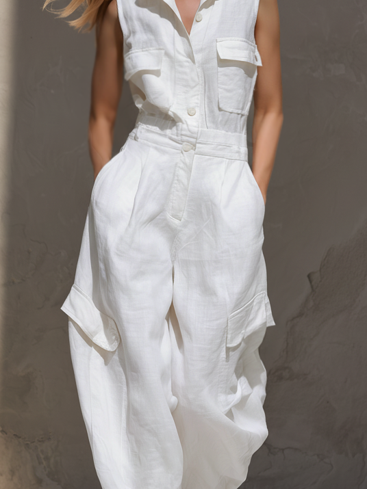 White Cotton Linen Collared Sleeveless Lined Jumpsuit
