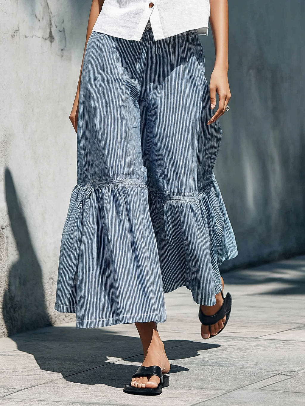 Stand-Collar Sleeveless Shirt & Striped Wide-Leg Set