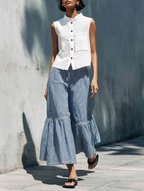 Stand-Collar Sleeveless Shirt & Striped Wide-Leg Set