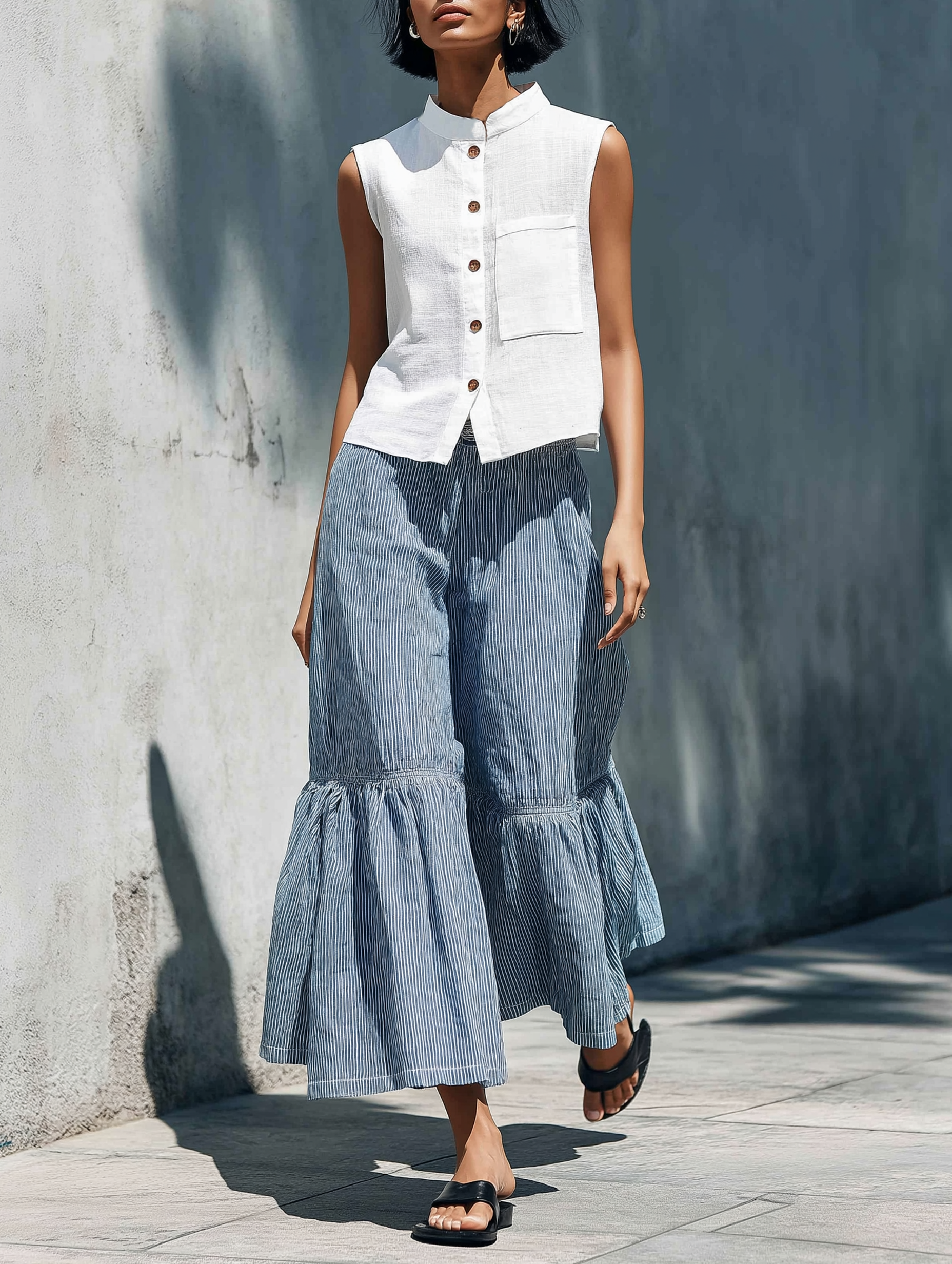 Stand-Collar Sleeveless Shirt & Striped Wide-Leg Set