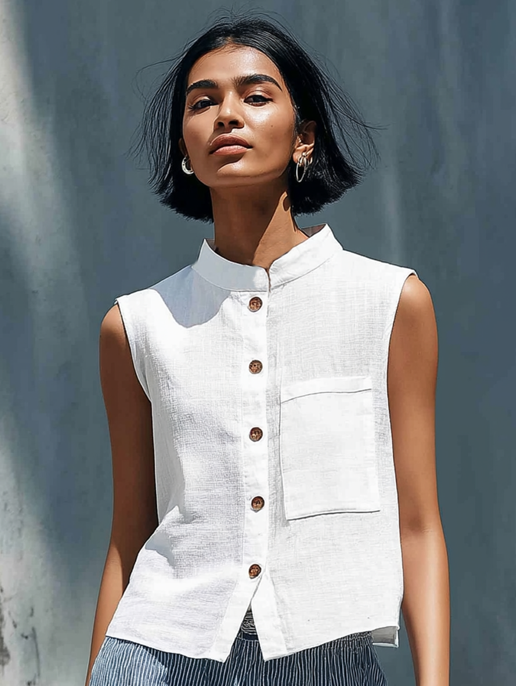 Stand-Collar Sleeveless Shirt & Striped Wide-Leg Set