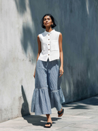Stand-Collar Sleeveless Shirt & Striped Wide-Leg Set