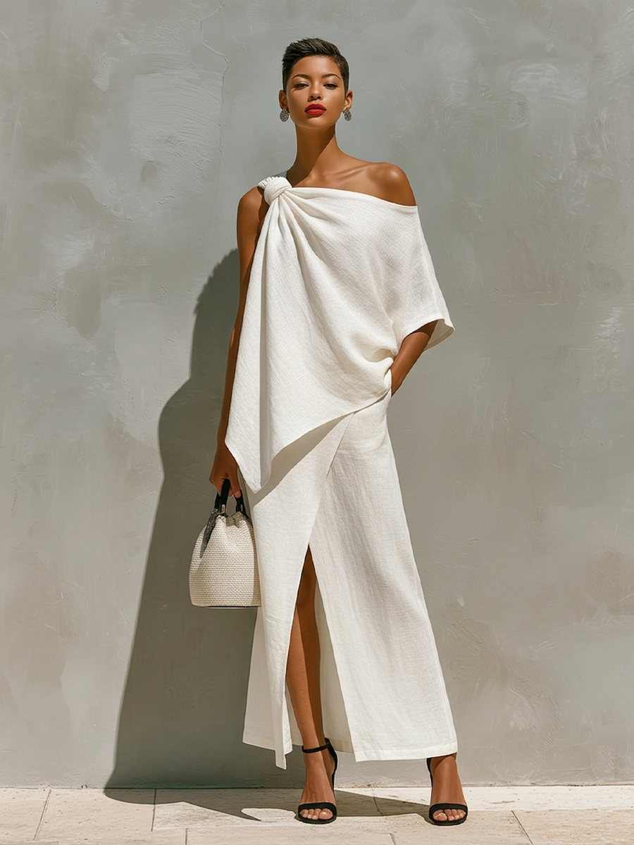 White Linen Asymmetric Hem Skirt