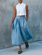 Linen Sleeveless Shirt, Shorts & Wide-Leg Pants Set