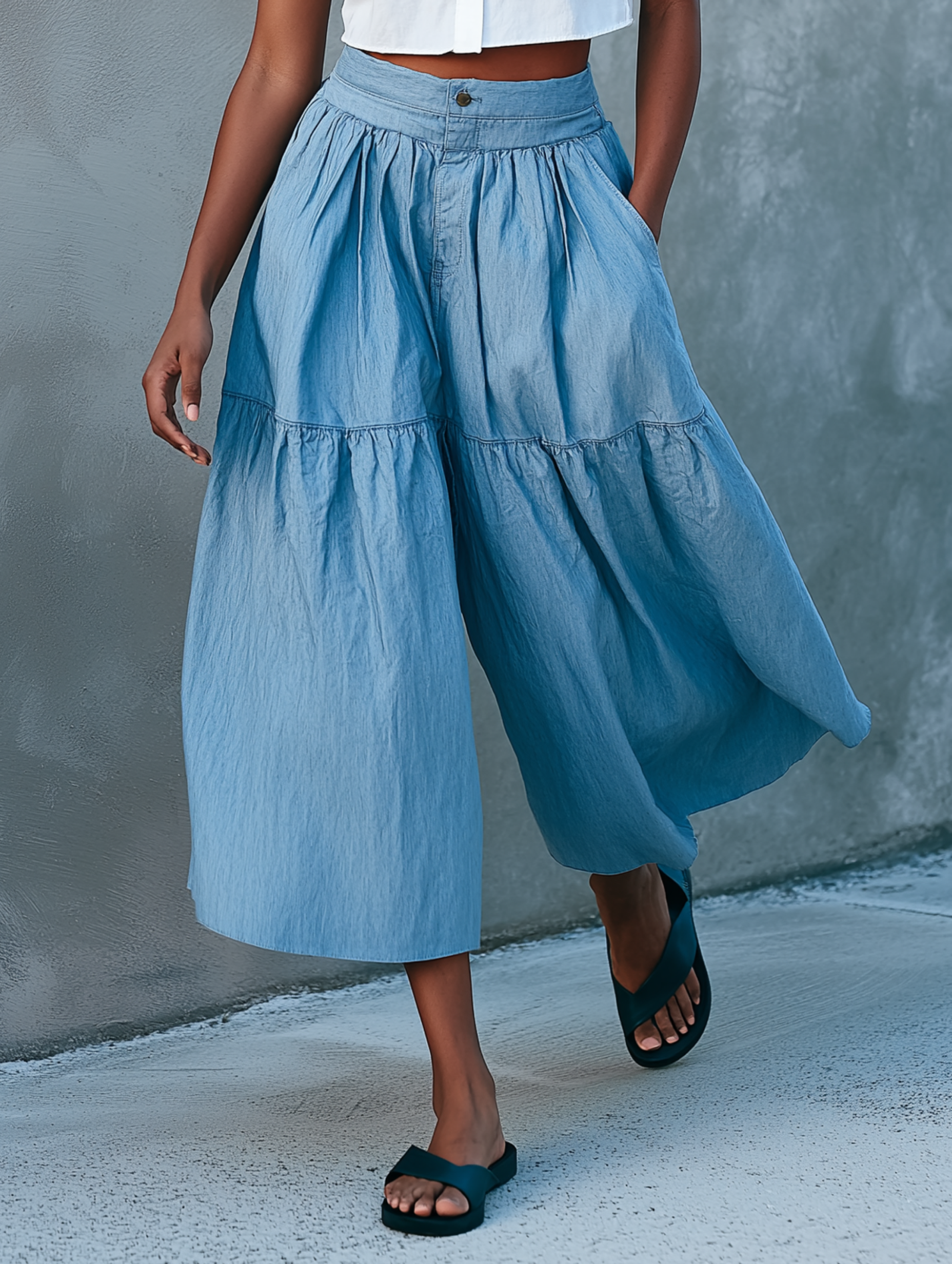 Linen Sleeveless Shirt, Shorts & Wide-Leg Pants Set