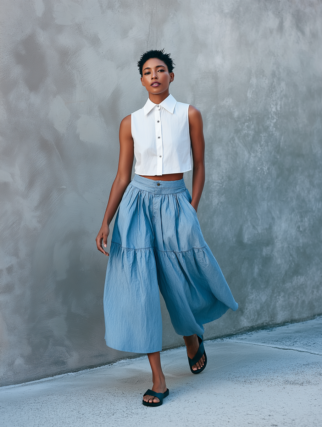 Linen Sleeveless Shirt, Shorts & Wide-Leg Pants Set