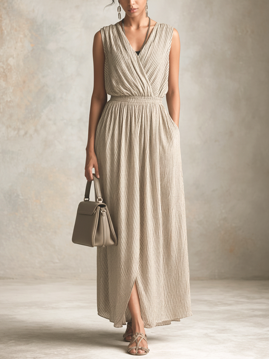 Khaki & White Striped V-Neck Side Slit Long Dress